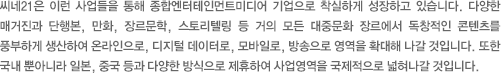 씨네21은 이런 사업들을 통해 종합엔터테인먼트미디어 기업으로 착실하게 성장하고 있습니다. 다양한 매거진과 단행본, 만화, 장르문학, 스토리텔링 등 거의 모든 대중문화 장르에서 독창적인 콘텐츠를 풍부하게 생산하여 온라인으로, 디지털 데이터로, 모바일로, 방송으로 영역을 확대해 나갈 것입니다. 또한 국내 뿐아니라 일본, 중국 등과 다양한 방식으로 제휴하여 사업영역을 국제적으로 넓혀나갈 것입니다.
